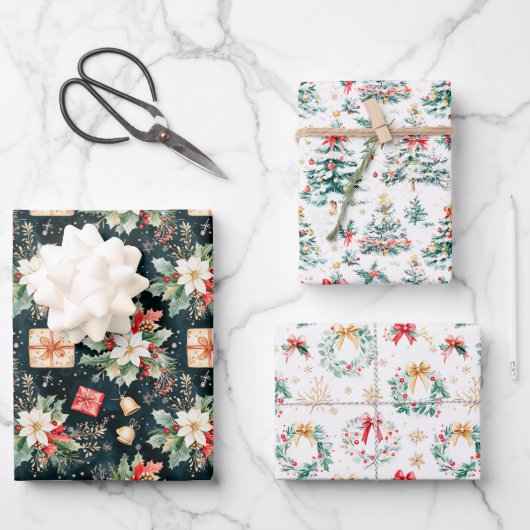クリスマスポインセティアス、木とリース ラッピングペーパーシート (正面)