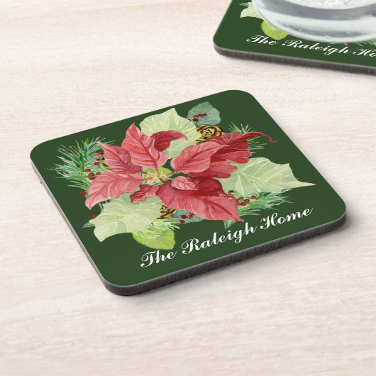 クリスマスポインセティアパインコーンギフトパーソナライズされた コースター (左側)