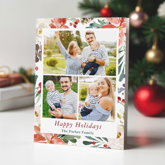 クリスマスポインセティアホリーベリーズフローラ3フォト シーズンカード