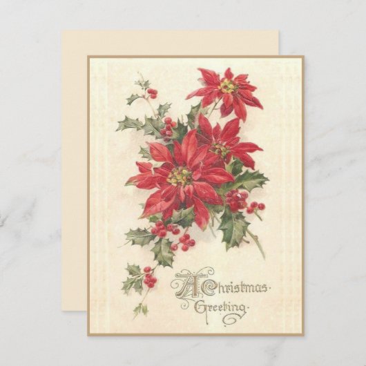 クリスマスポインセティアホリーヴィンテージレッドホリデイ シーズンカード (正面/裏面)