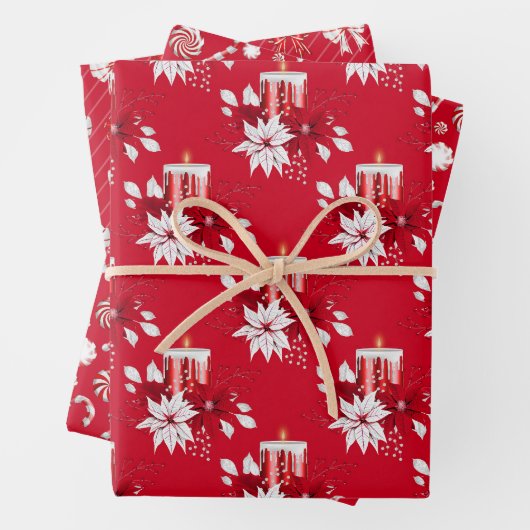 クリスマスポインセティアボウキャンディケーンキャンドルレッド ラッピングペーパーシート (インサイチュ)
