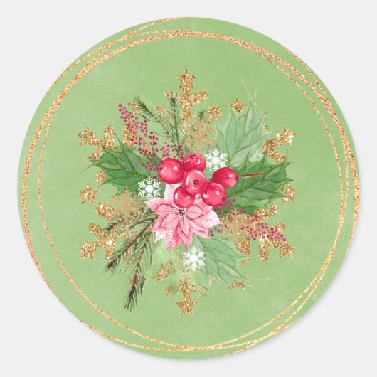 クリスマスポインセティアレッドベリー結婚金ゴールド ラウンドシール (正面)