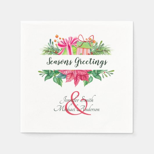 クリスマスポインセティカカップルパーティーアンパサンド スタンダードカクテルナプキン (正面)