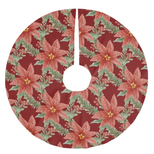 クリスマスポインセティシアフラワーレッドグリーン植物学 ブラッシュドポリエステルツリースカート (正面)