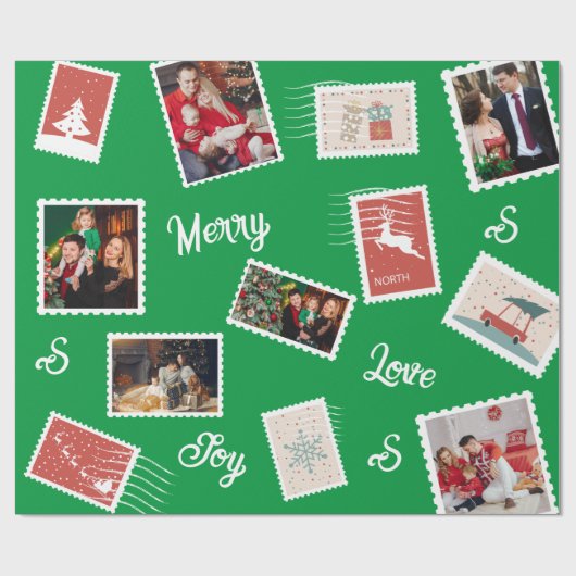 クリスマスポストスタンプ名前をカスタムすると写真 ラッピングペーパー (フラット)