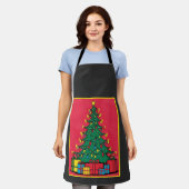 クリスマスポップ・アートのツリーのアートデザインとプレゼント エプロン (着用した状態)