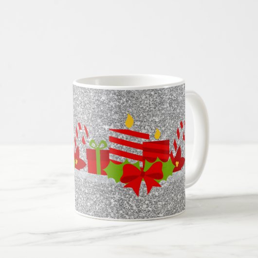 クリスマスポトゥーリシルバーフェイクグリッター コーヒーマグカップ (正面右)