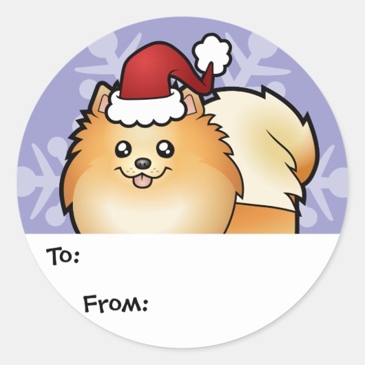 クリスマスポメラニア犬ギフトラベル ラウンドシール (正面)