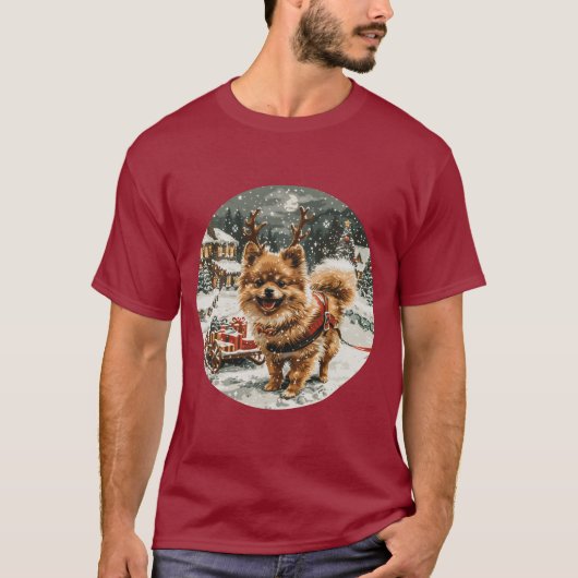 クリスマスポメラニア犬トナカイ犬 Tシャツ (正面)