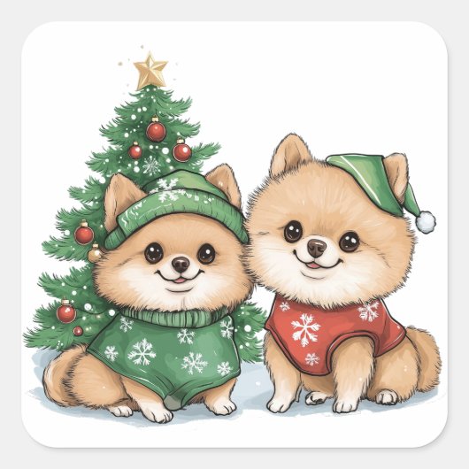 クリスマスポメラニア犬ドッグ スクエアシール (正面)