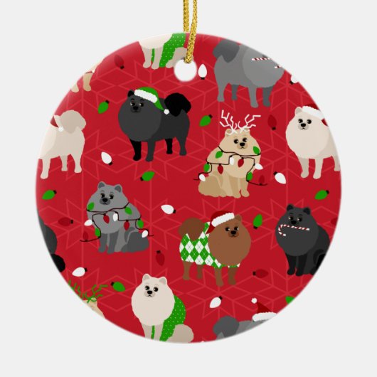 クリスマスポメラニア犬 セラミックオーナメント (正面)