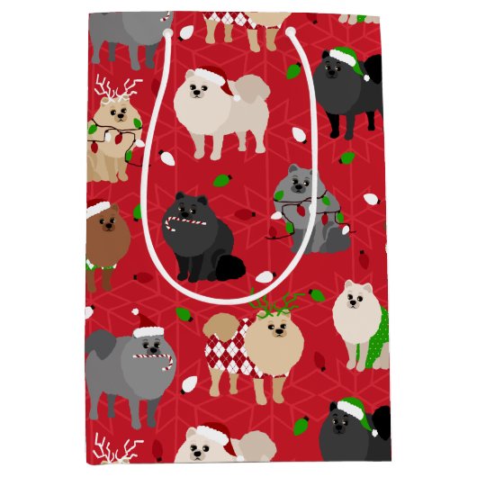 クリスマスポメラニア犬 ミディアムペーパーバッグ (正面)