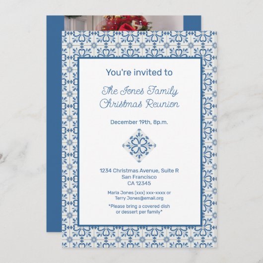 クリスマスポルトガルのタイルのホリー葉ズの枠 招待状 (正面/裏面)