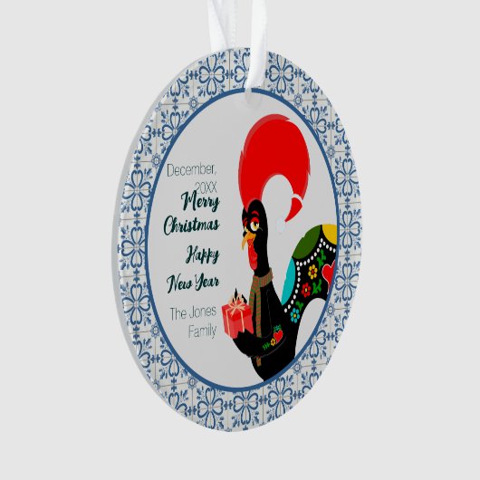 クリスマスポルトガルの鶏と青いタイルのフレーム オーナメント (正面)