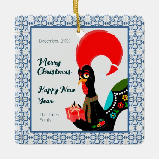 クリスマスポルトガルの鶏と青いタイルのフレーム セラミックオーナメント (正面)