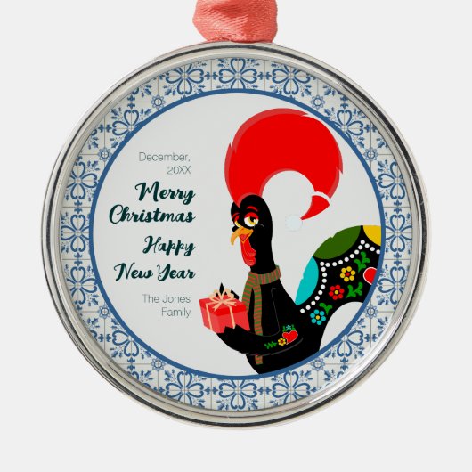 クリスマスポルトガルの鶏と青いタイルのフレーム メタルオーナメント (正面)