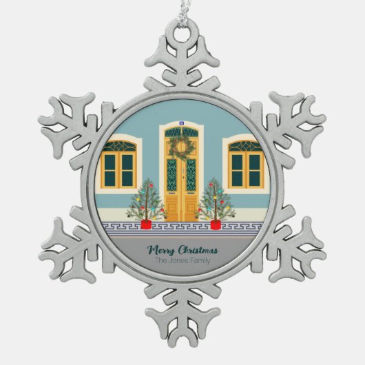 クリスマスポルトガルフェスティバルハウス スノーフレークピューターオーナメント (正面)