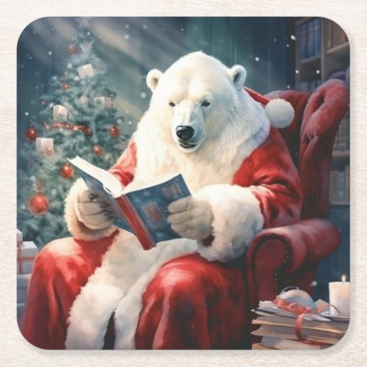 クリスマスポーラーベアの読書 スクエアペーパーコースター (正面)
