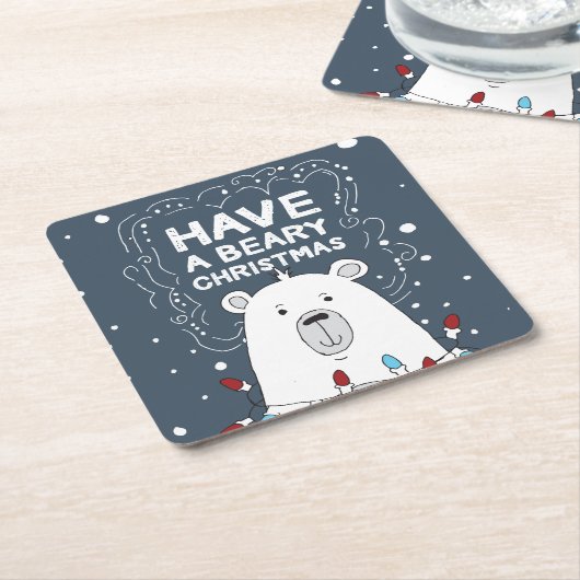 クリスマスポーラーベアアートイラストレーションを持つ スクエアペーパーコースター (アングル)