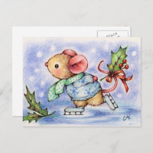 クリスマスマウスアイススケートで滑るかわいい動物はがき シーズンポストカード (正面/裏面)