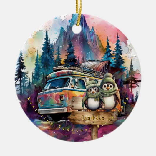 クリスマスマウンテンウォーターカラー新婚カップル セラミックオーナメント (正面)