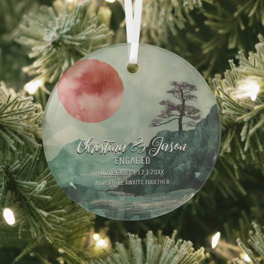 クリスマスマウンテンサンハイキングカップル婚約 ガラスオーナメント (インサイチュ)