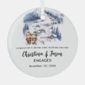 クリスマスマウンテンスキースノーカップル婚約 ガラスオーナメント (正面)