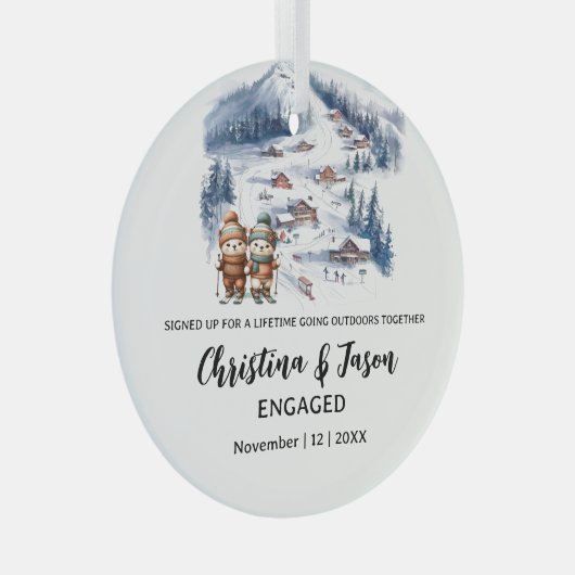 クリスマスマウンテンスキースノーカップル婚約 ガラスオーナメント (正面右)