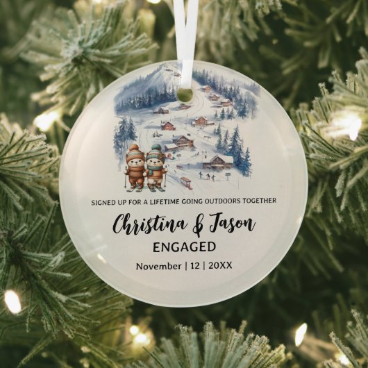 クリスマスマウンテンスキースノーカップル婚約 ガラスオーナメント (インサイチュ)