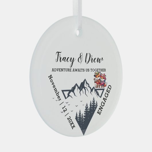クリスマスマウンテンパインツリーズカップル婚約したブラック ガラスオーナメント (正面右)