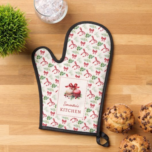 クリスマスマカロン 赤いリボン グリーン柄 鍋つかみ (トップダウン)