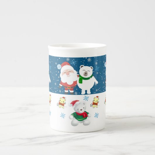 クリスマスマグカップ，サンタ，メリークリスマステディベア ボーンチャイナマグカップ (正面)