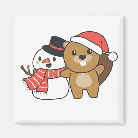 クリスマスマグネットの冬の雪だるま付きビーバー マグネット (正面)