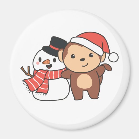 クリスマスマグネット用雪だるま付き冬のサル マグネット (正面)
