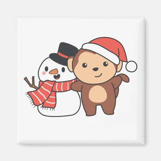 クリスマスマグネット用雪だるま付き冬のサル マグネット (正面)
