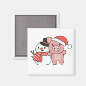 クリスマスマグネット用雪だるま付き冬豚 マグネット (正面/裏面)