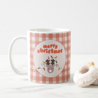 クリスマスマグ キッズ 名入れ レッド プリント チェック柄 トナカイ コーヒーマグカップ