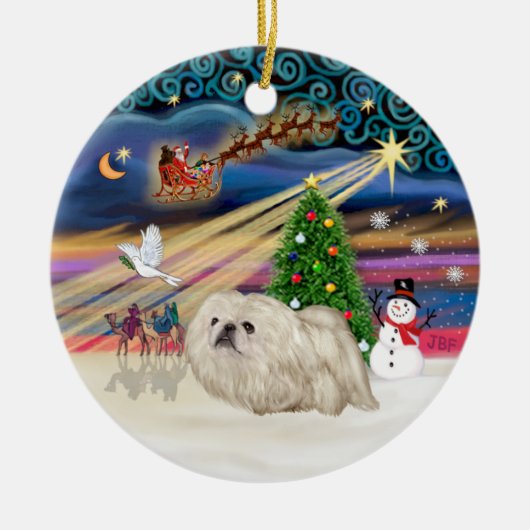 クリスマスマジック - 北京原産犬 (白) セラミックオーナメント (正面)