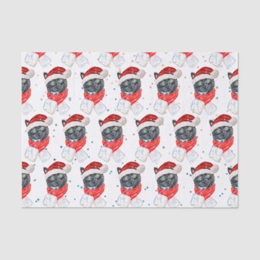 クリスマスマフラー+黒猫+水彩画 薄葉紙 (正面)