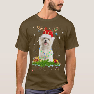 クリスマスマルチーズドッグクリスマスライトサンタトナカイD Tシャツ