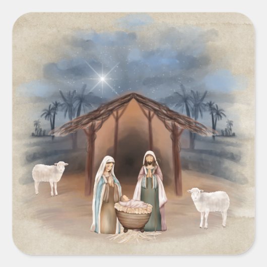 クリスマスマンガー出生シーンウォーターカラー スクエアシール (正面)