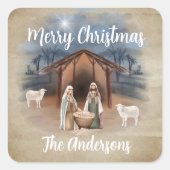 クリスマスマンガー出生シーンウォーターカラー スクエアシール (正面)