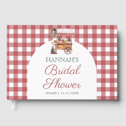 クリスマスマーケットの赤いギンガムのウェディングシャワーパーティー ゲストブック (正面)