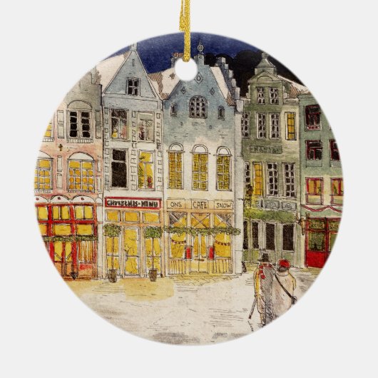 クリスマスマーケットベルギーレトロインスパイア – 水色 セラミックオーナメント (裏面)