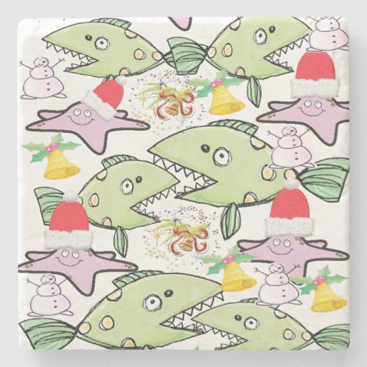 クリスマスマーブルストーンコースターシャークフィッシュ雪だるま ストーンコースター (正面)