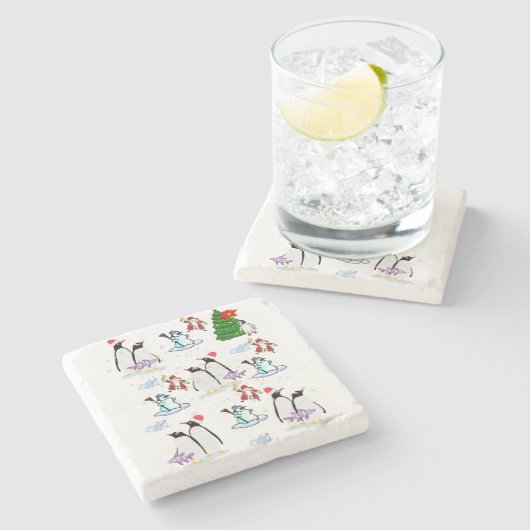 クリスマスマーブルストーンコースターペンギン雪だるま ストーンコースター (横)