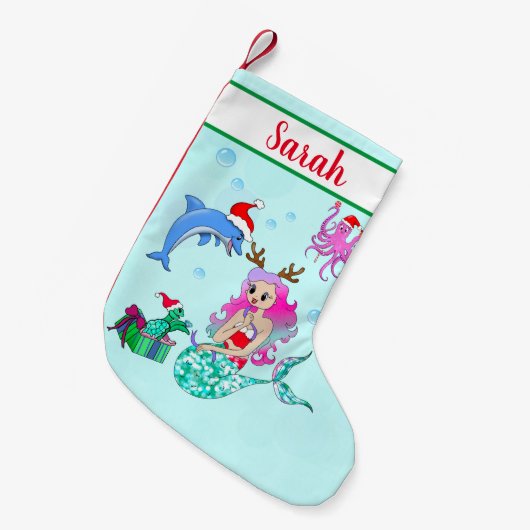 クリスマスマーメイドがプレゼントを開く スモールクリスマスストッキング (正面 (吊り時))