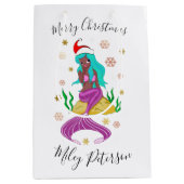 クリスマスマーメイドと雪片の金ゴールドパーソナライズされた ミディアムペーパーバッグ (正面)