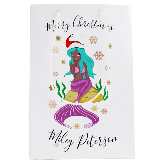 クリスマスマーメイドと雪片の金ゴールドパーソナライズされた ミディアムペーパーバッグ (正面)
