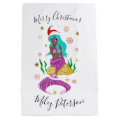クリスマスマーメイドと雪片の金ゴールドパーソナライズされた ミディアムペーパーバッグ (裏面)
